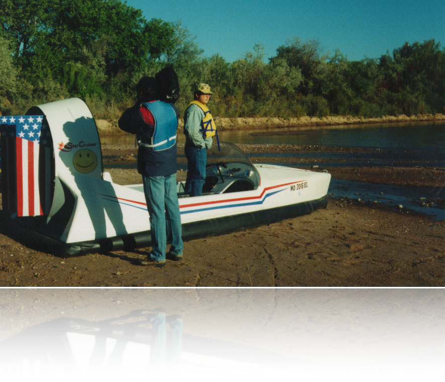 Hovercraft carrying a KOAT news photographer up the Rio Grande